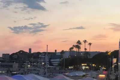 a city skyline at sunset with palm trees and tents at Cannes central Rue d'Antibes wide 1 BDR w terrace - quiet in green scenery in Cannes