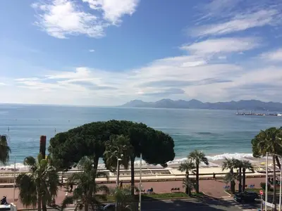 a view of the ocean with palm trees and the beach at Cannes La Croisette - Studio face mer avec chambre cabine et balcon in Cannes
