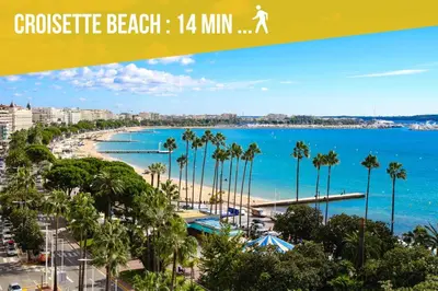 a view of a beach with palm trees and the ocean at 3 Chambres - Central - Plage à 10 min - Lumineux in Cannes