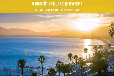 a banner of a beach with palm trees and the ocean at 3 Chambres - Central - Plage à 10 min - Lumineux in Cannes