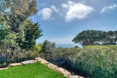 a garden with a stone wall and grass and trees at REF 2144 - Cannes Californie- Villa for rent in Cannes