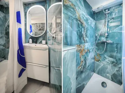 a bathroom with blue walls and a sink and a mirror at Agréable Studio rue ANIBES-HYPER CENTRE A0B211 in Cannes