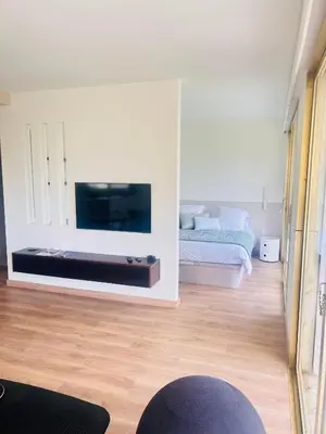 a living room with a tv and a bed at Cannes Croix des Gardes in Cannes