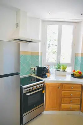 a kitchen with a stove and a refrigerator at Villa de la Roche - Spacieux appartement bourgeois in Cannes