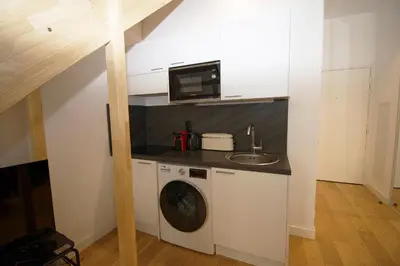 a kitchen with a washing machine and a microwave at L'Ecrin Festivalier Standing Presta in Cannes