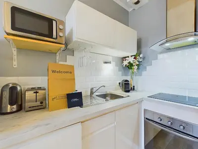 a white kitchen with a sink and a microwave at Centre Cannes Serbes in Cannes