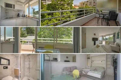 a small apartment with a balcony and a living room at Tine -Croisette-150M Plage- VCA in Cannes