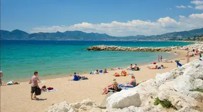 a group of people on a beach near the water at Cannes plages du Midi Appartements climatisés Bord de mer de 1 à 6 pers, 2 piscines, Parking privatif inclus in Cannes