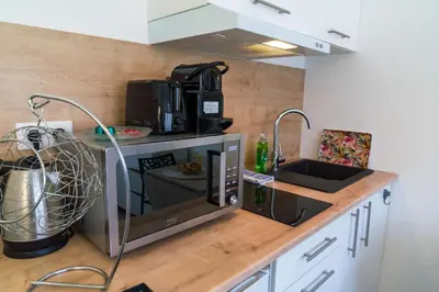 a kitchen with a microwave on a counter at Studette Croisette, proche Martinez in Cannes