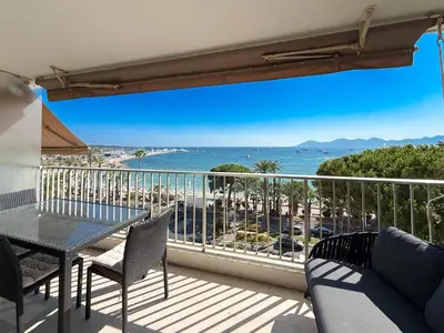a white kitchen with white cabinets and a sink at Sea View Apartment - Croisette in Cannes