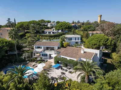 an aerial view of a house with a swimming pool at Villa Rose Pool Sea View Super Cannes in Vallauris