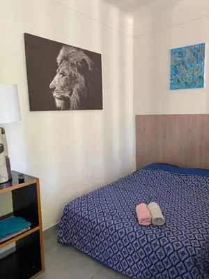 a bedroom with a bed and a picture of a lion at Appartement Le Central Park in Le Cannet