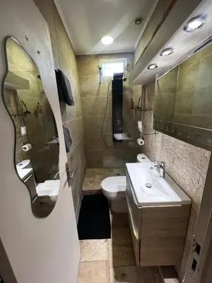 a bathroom with a sink and a toilet and a mirror at Townhouse with garden in Cannes