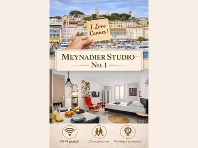 a collage of photos of a hotel room with a sign that reads i love at Studio plage et palais Cannes meynadier 1 in Cannes