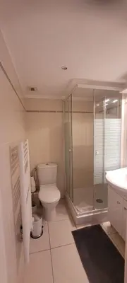 a bathroom with a toilet and a glass shower at Centre Cannes Bristol in Cannes