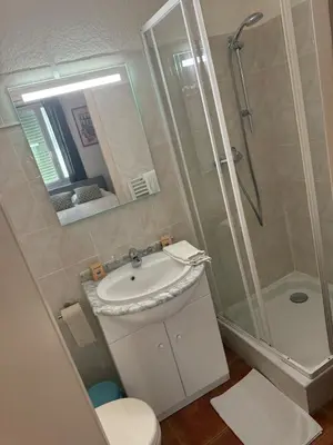 a bathroom with a shower and a sink and a toilet at Studio lumineux au cœur de Cannes 2 in Cannes
