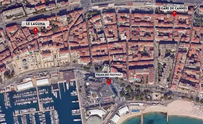a map of a city with two red dots at Le Laguna - SCLS Locations in Cannes