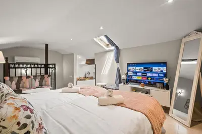 a bedroom with two beds and a flat screen tv at Studio Cannes city center in Cannes