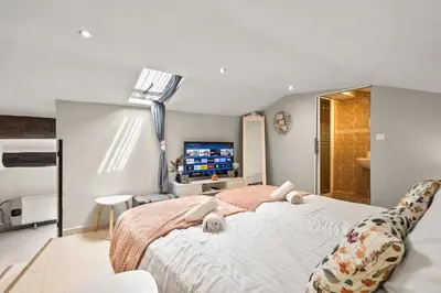a bedroom with a large bed and a tv at Studio Cannes city center in Cannes