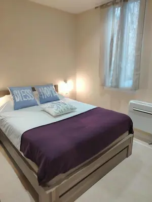 a bedroom with a bed with purple sheets and a window at Cannes centre T3 Carré D'Or calme air conditionné WiFi in Cannes