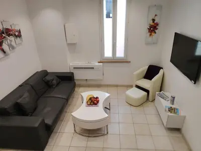 a living room with a couch and a tv at Cannes centre T3 Carré D'Or calme air conditionné WiFi in Cannes