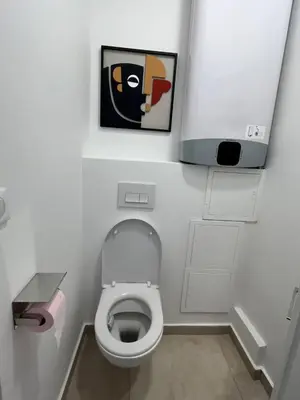 a bathroom with a toilet with a painting on the wall at La petite MAISON BLANCHE CANNES in Cannes