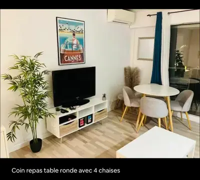 a living room with a tv and a table at Terrasse Clim Wifi Parking 10 min à pieds de la Croisette in Cannes