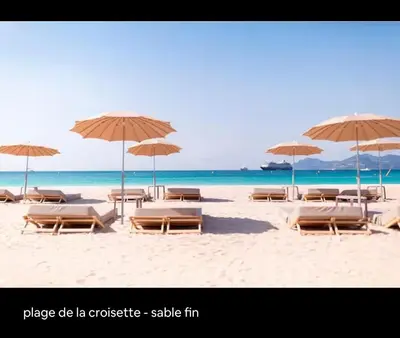 a group of chairs and umbrellas on a beach at Terrasse Clim Wifi Parking 10 min à pieds de la Croisette in Cannes