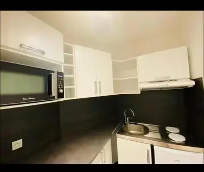 a kitchen with white cabinets and a microwave and a sink at Terrasse Clim Wifi Parking 10 min à pieds de la Croisette in Cannes