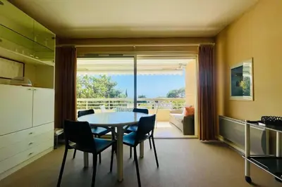 a kitchen and dining room with a table and chairs at Cozy flat with terrace and swimming pool in Cannes in Cannes