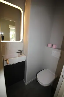 a bathroom with a toilet and a sink and a mirror at Beautiful 2-bedroom apt - sea and city view in Cannes
