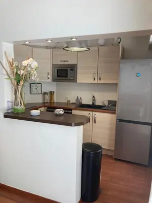 a kitchen with a refrigerator and a counter top at Les alizés Cannes in Cannes