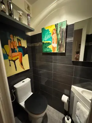 a bathroom with a toilet and paintings on the wall at Les alizés Cannes in Cannes
