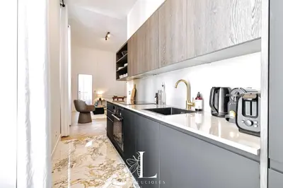 a kitchen with a sink and a counter at Les Lucioles 4- Luxury 1 Bedroom Apartment in Cannes