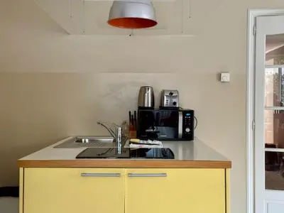 a kitchen with a sink and a microwave at The Noailles - Lovely flat with swimming pool five minutes from the beach in Cannes