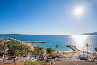 a view of a beach with palm trees and the ocean at REF 2005 Cannes Center Appartment for rent in Cannes