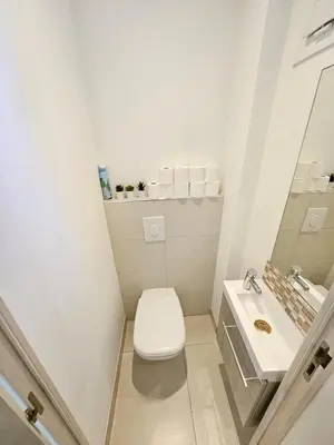 a small bathroom with a toilet and a sink at Appartement 2 pièces, emplacement de rêve Martinez in Cannes