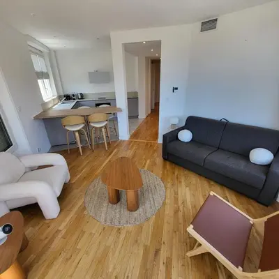 a living room with a couch and a table at Appartement 3 pièces en plein coeur de Cannes in Cannes