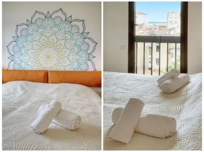 two pictures of towels on top of a bed at Calme et Lumineux 2 chambres BALCON Vue MER-FORVILLE A2B262 in Cannes