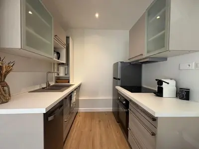 a kitchen with stainless steel appliances and wooden floors at Appartement cosy - 4 personnes - Centre Cannes in Cannes