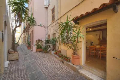 an alley with potted plants on the side of a building at MIPIM Fisherman House Rooftop Terrace Walk to Palais Suquet in Cannes