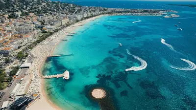 an aerial view of a beach and the ocean at Atelier Meynadier in Cannes