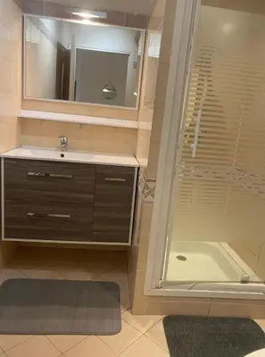 a bathroom with a shower and a sink and a mirror at Beautiful 36m2 studio apartment & 50m2 terrace in Cannes