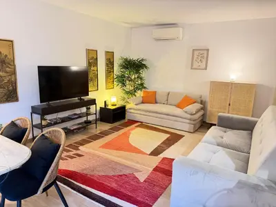 a living room with a couch and a flat screen tv at Beautiful 36m2 studio apartment & 50m2 terrace in Cannes