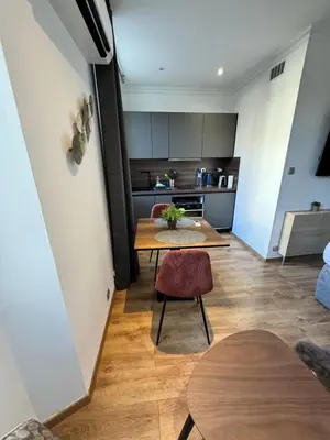 a living room with a table and a kitchen at King size studio Rue Félix Faure 100 m Palais et plage in Cannes