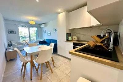 a kitchen and living room with a table and chairs at Cozy apartment with terrace in Cannes in Cannes