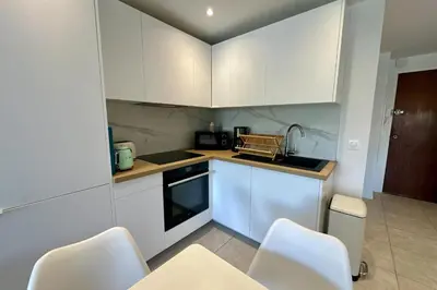 a kitchen with white cabinets and white appliances at Cozy apartment with terrace in Cannes in Cannes