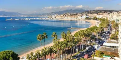 a view of a beach with palm trees and the ocean at Chez Marie et Baptiste, bel appartement en résidence avec piscine, tennis in Le Cannet
