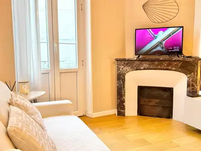 a living room with a tv on top of a fireplace at Le Palme d'Or, 3 pièces - impasse privée - 7 pers in Cannes