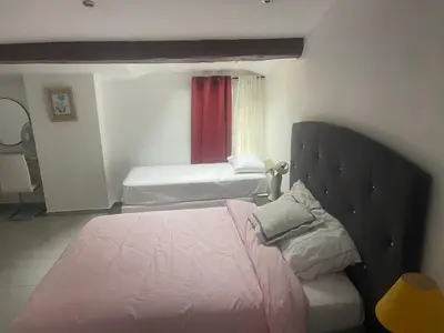 a room with a bedroom with a bed and a mirror at Cannes centre ville en face du port in Cannes